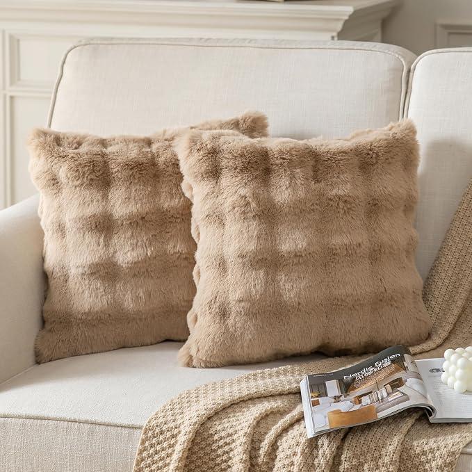 Joyouth Pack of 2 Thick Plush Throw Pillow Covers Fluffy Wave Faux Fur Decorative Cushion Covers Soft Wool Pillowcase for Sofa Couch Livingroom 24x24 Inch Camel
