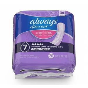 Always Discreet Incontinence Pads for Women and Postpartum Pads, Ultimate Extra Protect, 26 CT, up to 100% Bladder Leak Protection (Long)