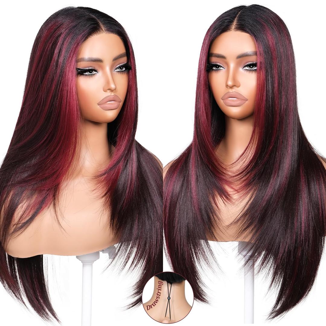 BrownBomb Burgundy Pink Highlights Face Framing Layered Wig Pre-Cut Pre-Plucked Hairline Pre-Colored Pre-Styled Synthetic Lace Wig Ready to Wear 26inch Wig for Beginners