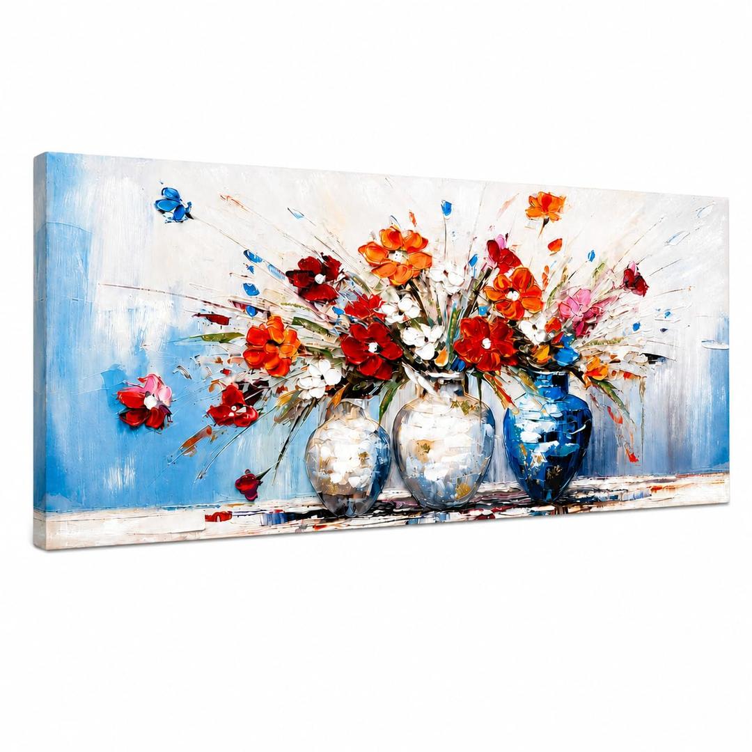Large Canvas Wall Art, Hand Painted Textured Floral Wall Decor, 40x16 In