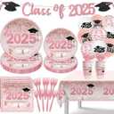 Pink Graduation Decorations Class of 2025, Pink Rose Gold Graduation Disposable Paper Plates Napkins Cups Forks Tablecloth and Balloons for Pink 2025 Graduation Party Supplies, Serve 20