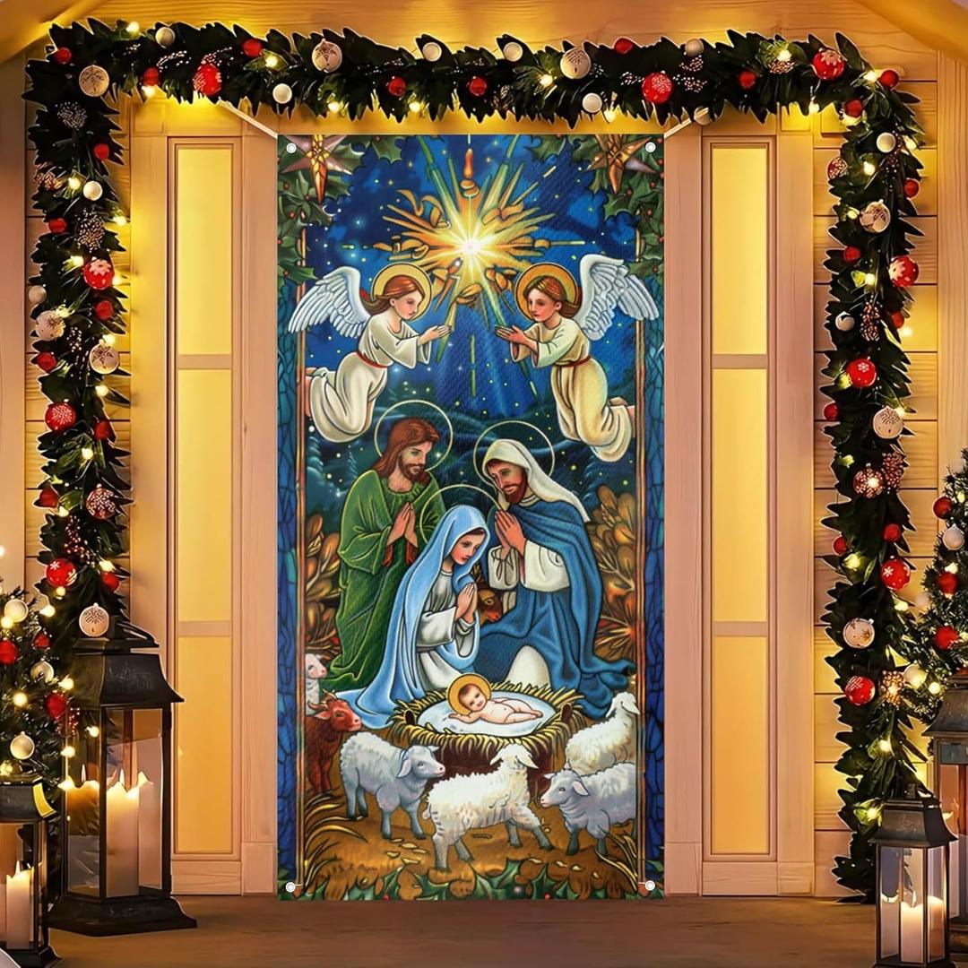 2 x Merry Christmas Door Cover 71x35 Inch Front Porch Door Banners Decoration Winter Nativity Scene Angels Baby Jesus Lambs Religious Christmas Style for Sign Party Decor