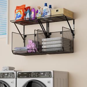 BigPonPon 2 Pack Laundry Room Shelves Organization and Storage,Wall Mounted Clothes Drying Rack with Wire Mesh Basket Over Washer and Dryer, (Black, 2 Pack)