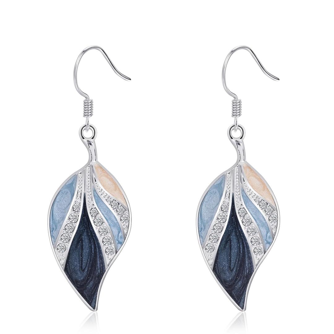 Big Blue Leaf Silver Dangle Earrings for Women Boho Earrings Drop with Light Blue and Beige Bohemian Tropical Style Plant Dangling for Gift