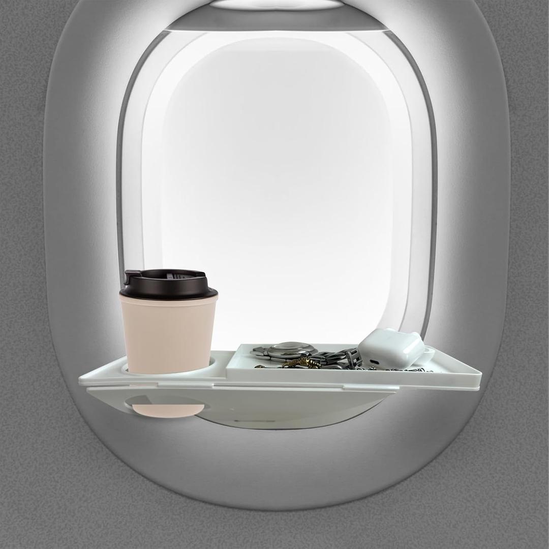 Airplane Window Organizer, Plane Window Drink Gadget Cup Holder, Long Flight Essentials Accessories, Airline Seat Organization Station for Phone and Gadgets [U.S Patent Pending] (White)