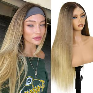 SUKRI Long Ombre Blonde Lace Front Synthetic Wig Long Straight Dirty Blonde Lace Wigs for Women Pre Plucked Middle Part HD Lace Fibre Wig for Women 26 Inch