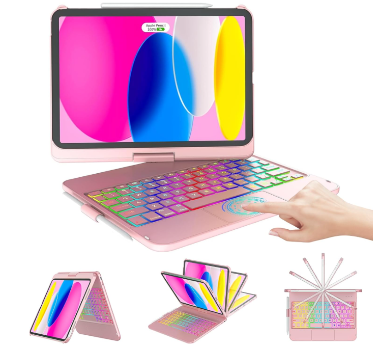 CC Store for iPad (A16) 11th 10th Generation Case with Keyboard  7 Color Backlit 360° Swivel MultiTouch Track Pencil Holde for iPad 11inch A16 2025 10th Gen 10.9 Inch 2022(Rose Gold)