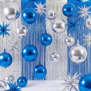 Seenelling 25 Pcs Blue and Silver Birthday Party Decorations Sets 22 Inch 4D Large Stars Balloons with Metallic Tinsel Foil Fringe Backdrop Curtains for 2026 Graduation Anniversary Wedding Decor