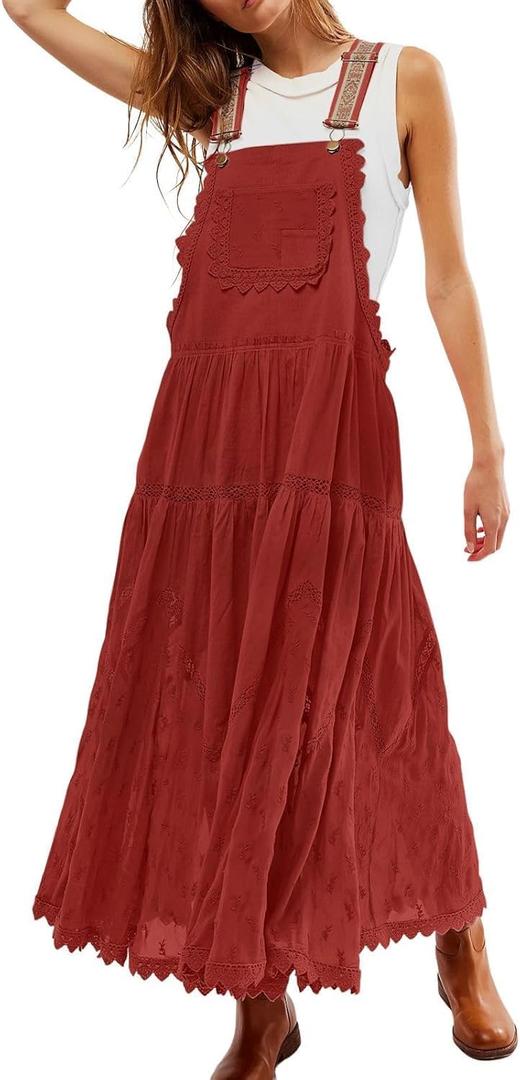 yoeasy Women's Boho Adjustable Strap Bib Maxi Dress Laced Embroidered Pleated Tiered Swing Long Dress with Pockets (XL Red)