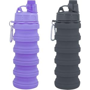 Collapsible Water Bottles Travel Water Bottle Sports Portable Sport Water Bottle Reusable Water Bottles Comes With Mountaineering Buckle 500ml Silicone Water-Proof Camping Water Bottle (Purple+Grey)