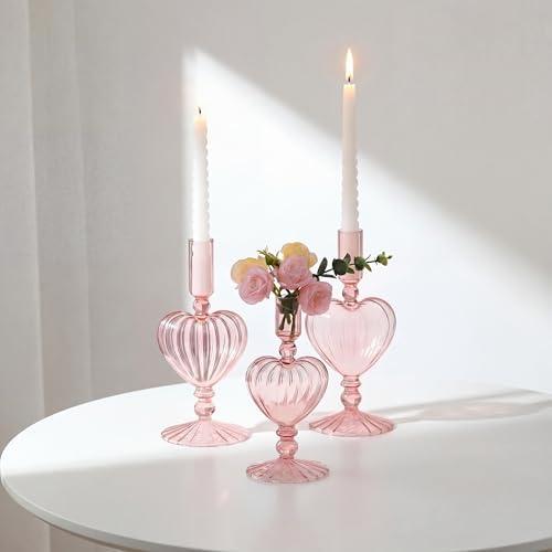 Maxdot 3 Pcs Valentine's Day Pink Glass Candle Holders Pink Heart Glass Taper Candle Holders Heart Candlestick Vase Decor for Valentines Wedding Receptions Festival Party Table Centerpieces Decoration