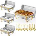 4 Pack 9 Qt Chafing Dishes Buffet Set - Gold Stainless Steel Food Warmers with 12 Serving Utensils (Tongs, Ladles, Spoons) for BBQ, Parties, Catering, Weddings, Events
