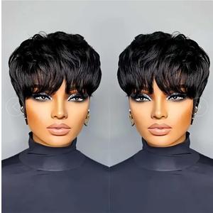 Pixie Cut Wig Human Hair Short Pixie Cut Wigs for Black Women Human Hair Glueless Pixie Wig Short Layered Brazilian Virgin Human Hair Wigs For Women Color 1B#