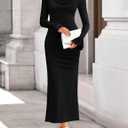 ZESICA Women's Fall Long Sleeve Ruched Knit Cowl Neck Back Slit Maxi Dress (Black)