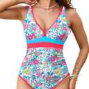 popvil One Piece Swimsuit Women 2025 Bathing Suit for Women Tummy Control Neon Adjustable Deep Vneck Color Block Swim Suits Blue Floral, Medium