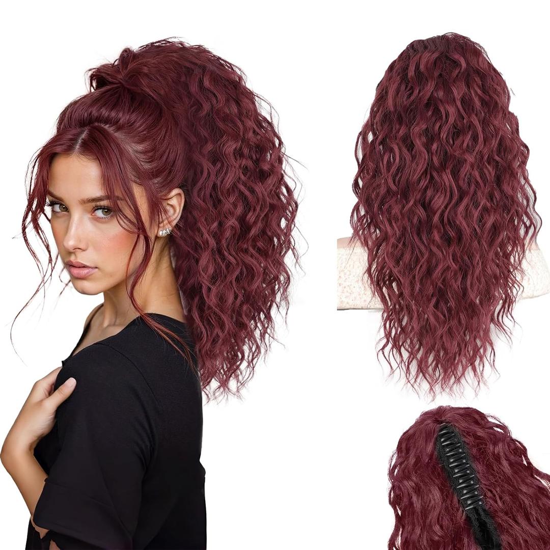Ponytail Extension 18" Curly Wavy Pony Tail Claw Multi Layered Clip on Ponytail Extension Fluffy Natural Looking Synthetic Hair Piece for Women (Burgundy)