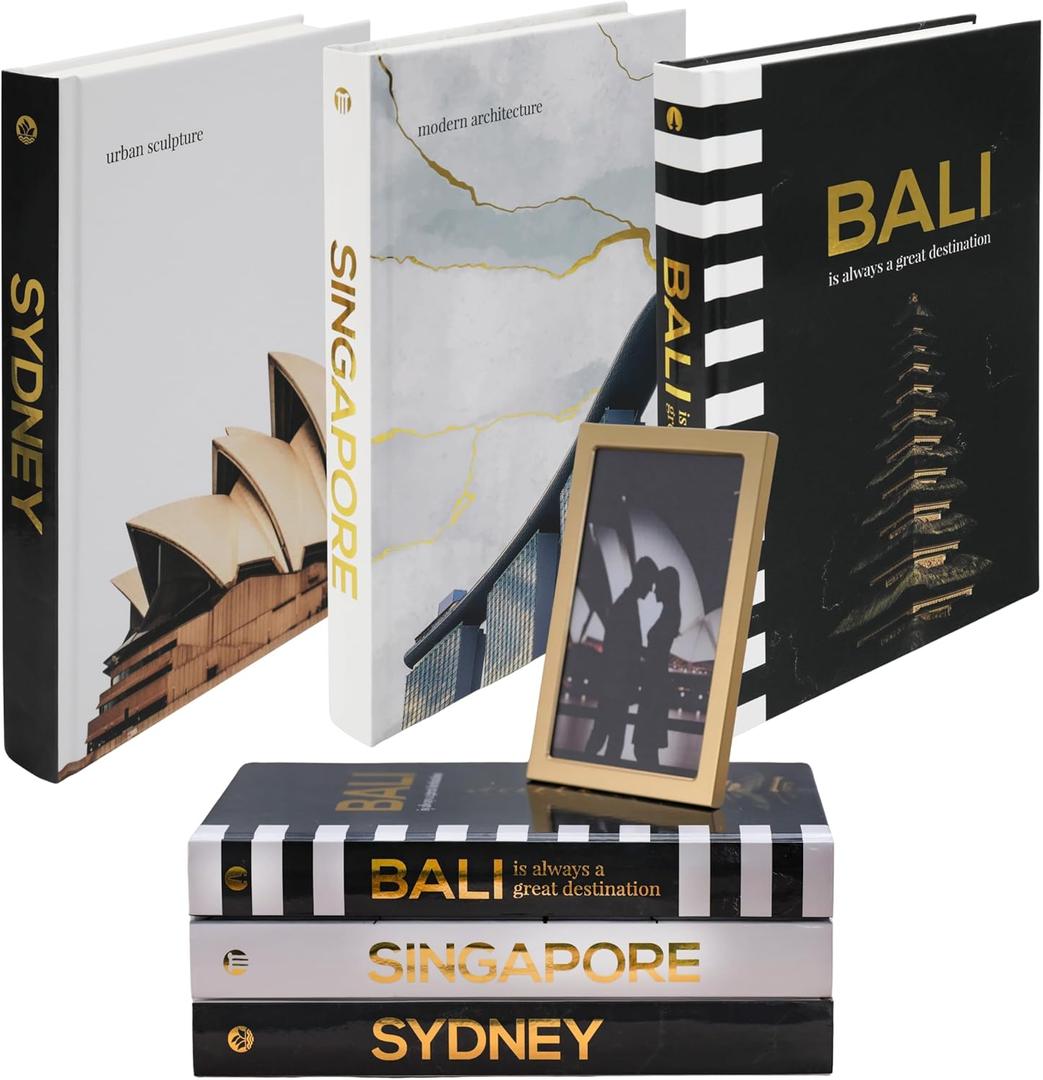 Decorative Books for Home Decor - Black and Gold Foiled Decor Books for Coffee Table - Decorative Hardcover Display Faux Books for Bookshelf  Fashion Designer Books Decor Set of 3