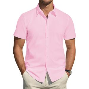 J.VER Men's Short Sleeve Dress Shirts Stretch Stain Shield Casual Button Down Shirts Solid Formal Shirt (X-Large, Light Pink)