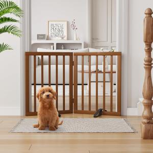 Semiocthome Dog Gate Indoor 2-Panel Freestanding Puppy Gates for The House with 2 Metal Stands 24" H Folding Wood Pet Gate for Stairs Doorway, Fully Assembled Safety Fence - Walnut