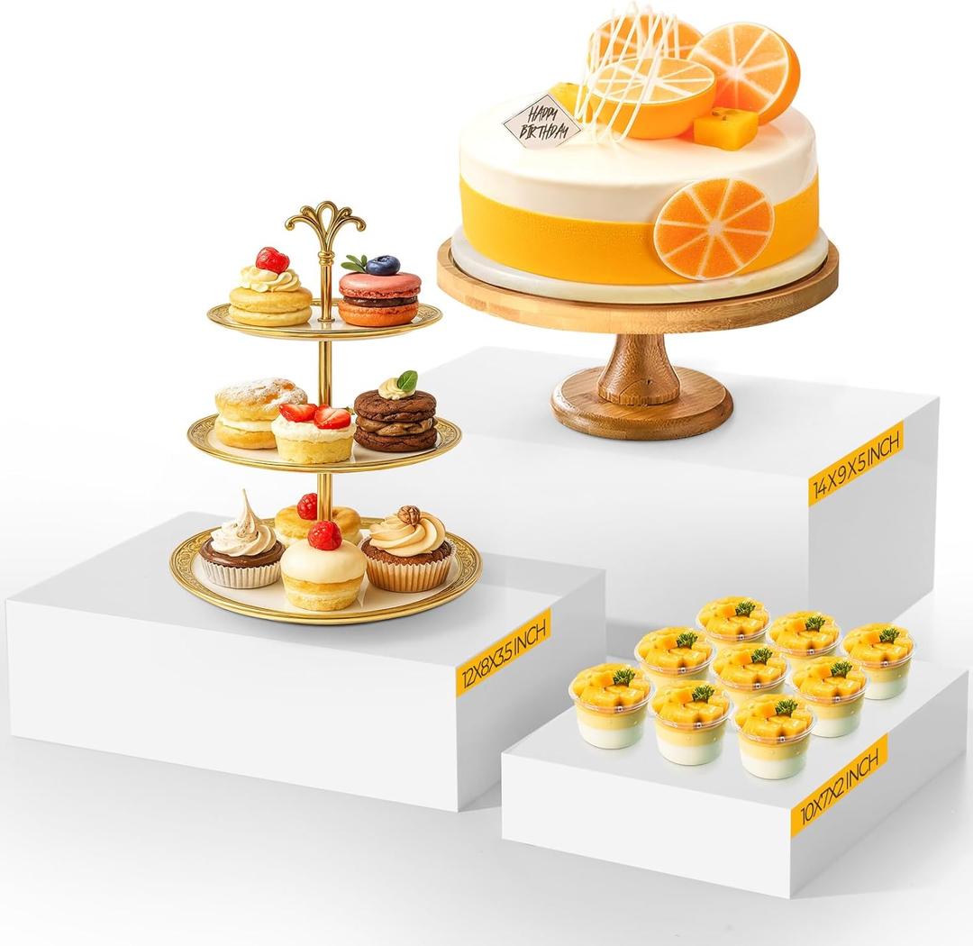 3 Pack Extra Large Acrylic Buffet Risers - 14, 12, 10 White Display Stands with Hollow Bottoms, Cube Riser Boxes Nesting for Dessert Food Catering Buffet Display Party Supplies