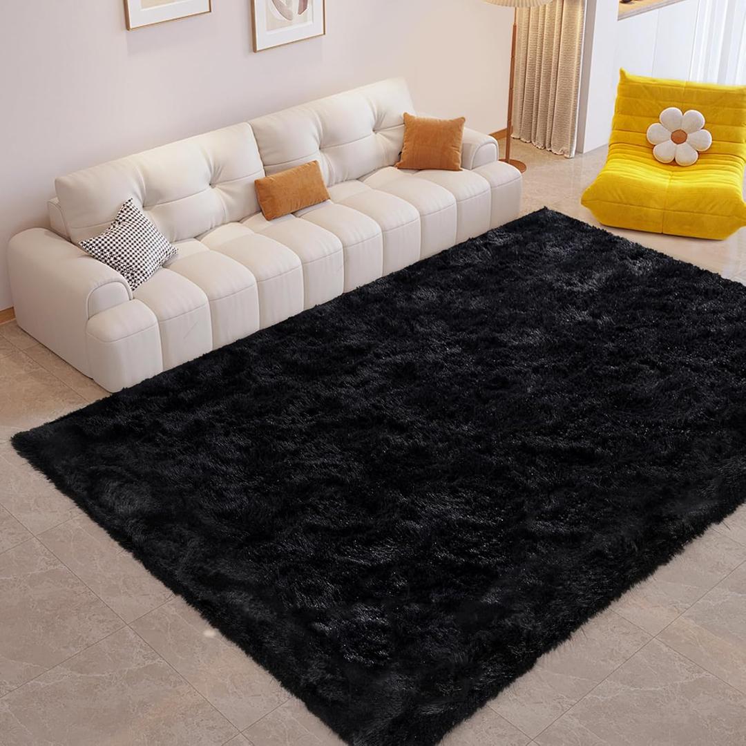 FinRec Soft Black Rugs for Bedroom Living Room, 4x6 Feet Modern Indoor Fluffy Shaggy Area Rug, Non-Slip Fuzzy Furry Rug for Nursery Kids Room Dorm Room Home Decor, High Pile Plush Floor Carpet (4x6 Feet, Black)