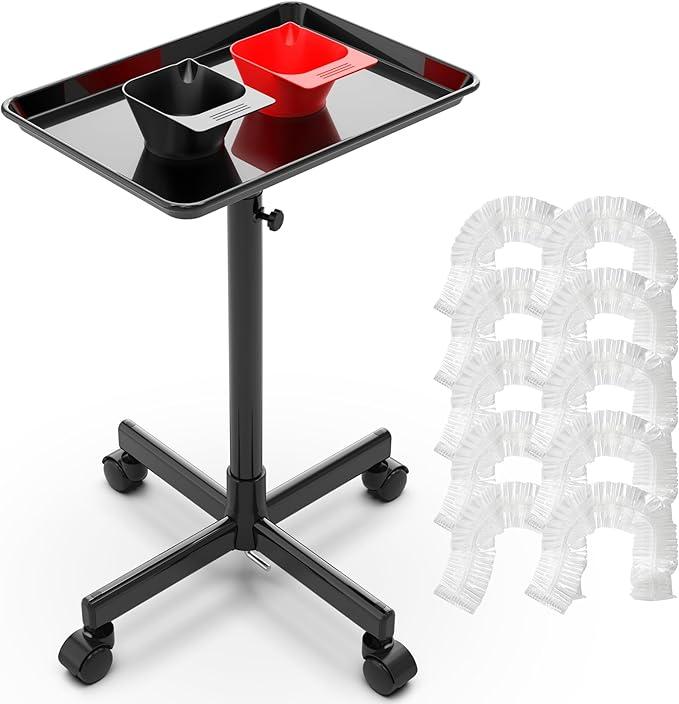 TASALON Adjustable Height Rolling Salon Tray with 2 Magnetic Bowls, Mobile Storage Trolley with Wheels, 10 PCS Disposable Salon Tray Cover, Aluminum Tray for Hairstylist 24-36 Inch, Black