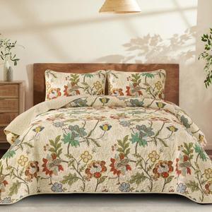 WONGS BEDDING Quilt Set Queen Size, Yellow Botanical Bedspread Bedding Set, 3 Pieces Floral Quilt with 2 Pillowcases, Soft Lightweight Microfiber Coverlet Set for All Season (96"x90")