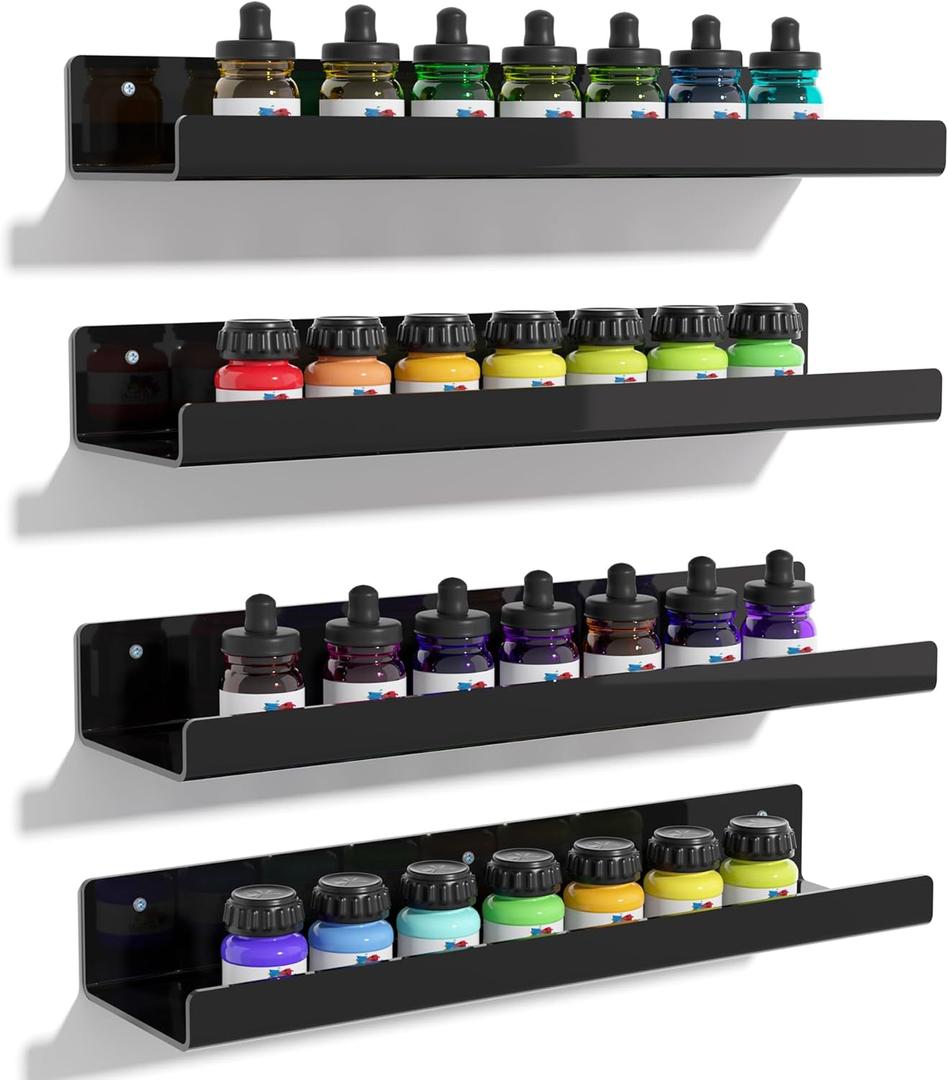 upsimples 4 Pack Acrylic Shelves for Wall Storage, 15" Floating Bookshelves for Kids, Display Shelf Organizer for Bathroom, Bedroom, Living Room Decor, Kitchen, Black