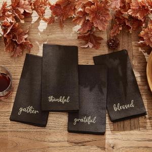 Elrene Home Fashions Harvest Fall Sentiment Embroidered Napkins, Set of 4, 17"x17", Brown