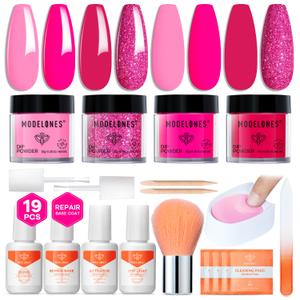 Modelones Dip Powder Nail Kit, 4 Colors Hot Pink Rose Glitter Valentine's Day Dipping Starter Set with Liquid and Complete Accessories for French Nails Art Salon DIY at Home Manicure