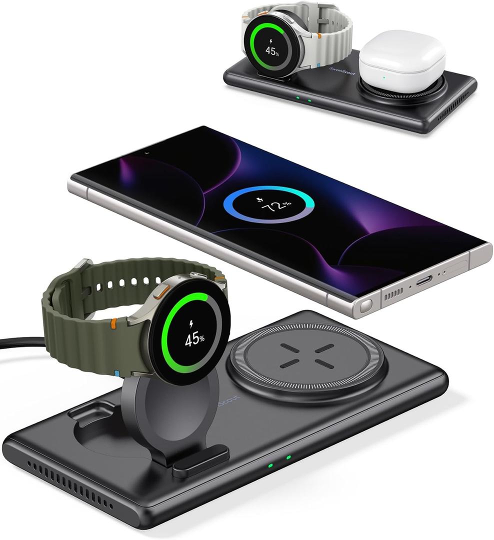 Wireless Charger for Samsung S25 Ultra/S25+/S25/Fold 6/Flip 6/24/23/22, 2 in 1 Charging Station for Samsung Watch Ultra/7/6/6 Classic/5/5 Pro/4/4/3, Galaxy Buds 3/3 Pro,502S (No Adapter)