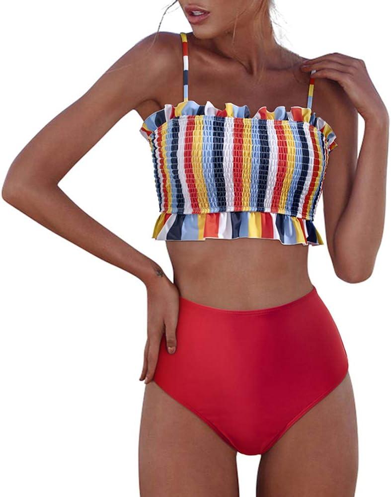 RXRXCOCO Womens Shirred Bandeau Bikini Cute Two Piece Swimsuit Off Shoulder High Waist Bathing Suit (Small)