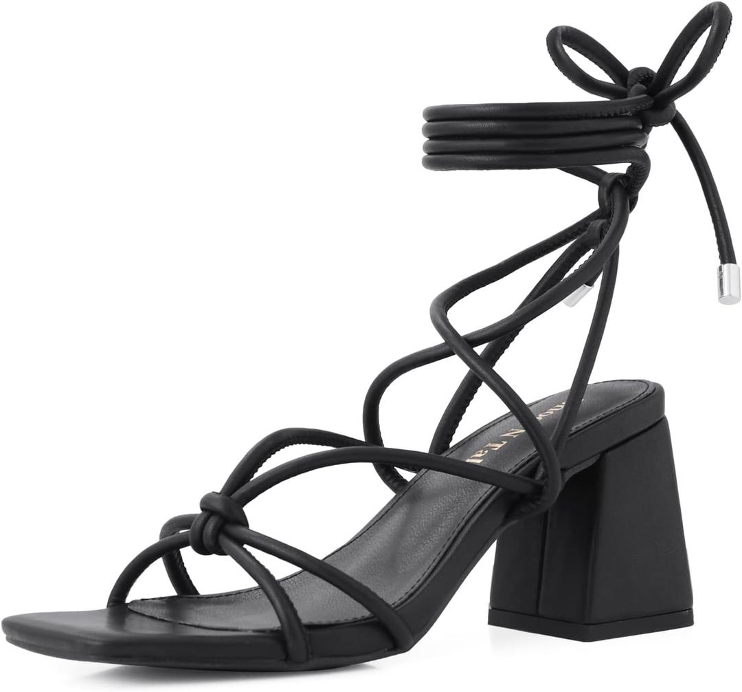 Shoe'N Tale Lace Up Heels for Women Ankle Strappy Gladiator High Heeled Sandals Chunky Block Heel Square Open Toe Criss Cross Dress Shoes (10, Black)