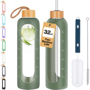 Glass Water Bottles 32 oz - Motivational Drinking Glass Water Bottle with Silicone Sleeve, Straw & 2 Bamboo Lids - 1 Liter Clear Borosilicate Daily Intake Tumbler with Time Marker - Olive