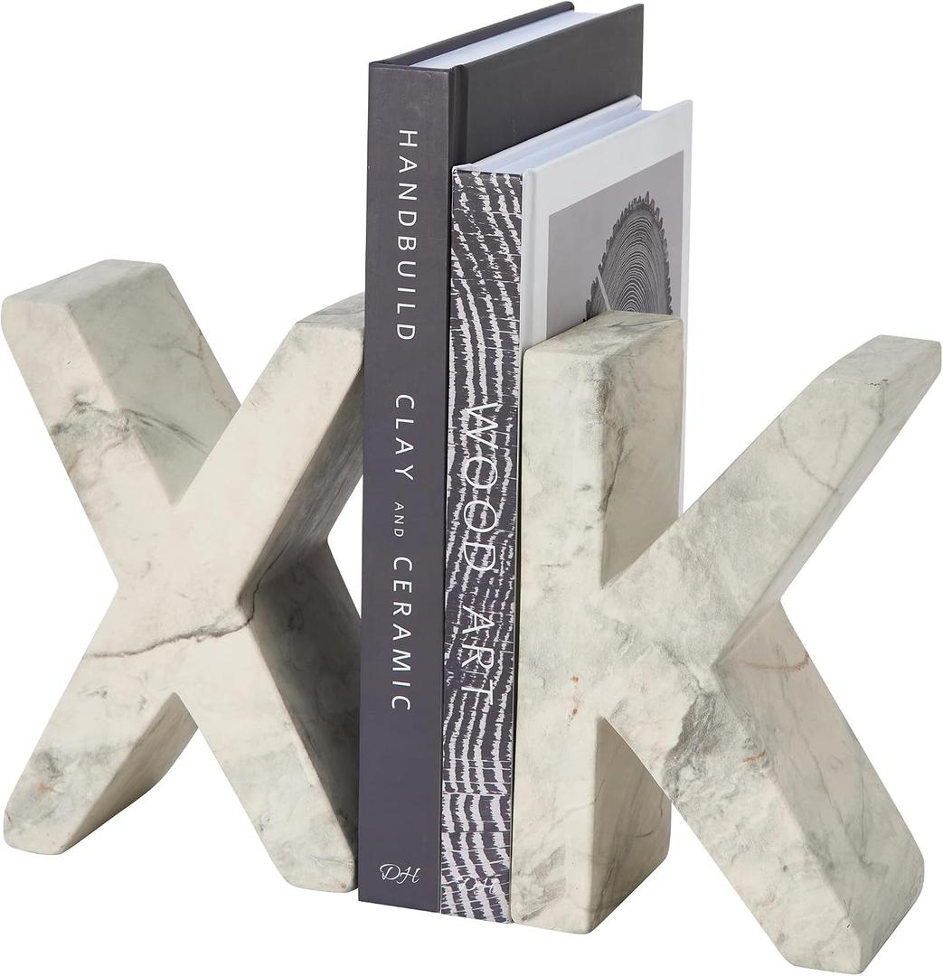 Decorative Concrete Bookends(Set of Letter X & K) - Marble-Patterned Letter Bookends for Heavy Books, Home Office, Shelf Organization, Clearance