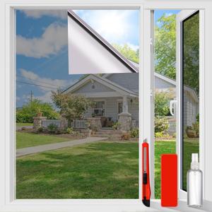 One Way Privacy Window Film Sun Blocking, Heat Blocking Window Tint for Home See Out But Not in, Static Cling & Anti UV, Black-Silver,41.3Inch x 98.42 Inch