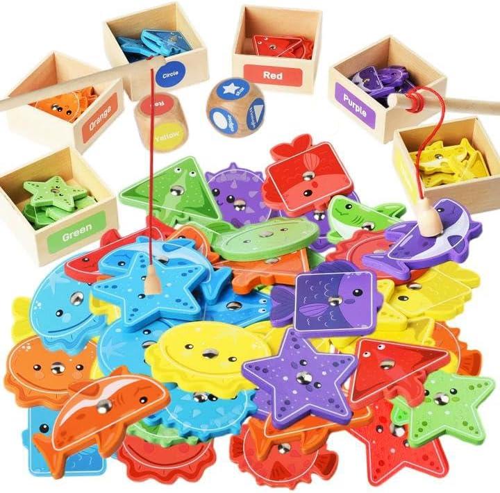 Montessori Fishing Game for Toddler 1-3,Wooden Magnetic Fishing Game,Early Educational-Shape & Color Sorting Toy for Kid 3-5,Preschool Learning Fine Motor Skill,Classroom Matching Activity