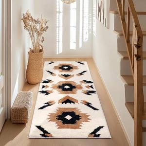 Boho Long Bathroom Rugs Runner Non Slip Washable Western Aztec Bath Mats Rugs for Bathroom Hallway Plush Soft Absorbent Farmhouse Carpet for Shower, Kitchen, 20x47 inch (1'8" x 3'11" (Rectangular), Cream)