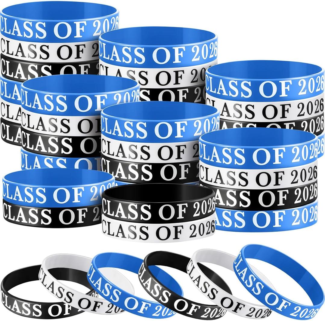 Poen 100 Pcs class of 2026 bracelets Graduation wristbands Class of 2026 Congrats Grad Celebrating Silicone Bracelets for Graduation Party Favors Supply(Black, White, Blue)