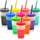 FIEKEICC Color Changing Cups 10Pcs 12oz Plastic Tumblers With Lids and Straws for Iced Coffee Smoothie - Reusable Leak Proof Party Cups for Kids