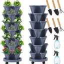Umigy 2 Set of 7 Tier Vertical Planter Stackable Tower Planters Strawberry Herb Flower and Vegetable Pots Indoor Outdoor Gardening Pots with Removable Wheels and Tools(Dark Gray)