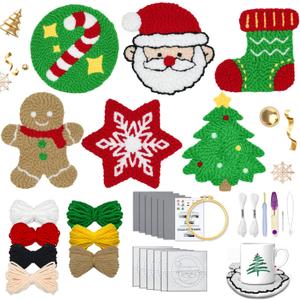 Kenburg Punch Needle Kit Christmas Coasters Set of 6, DIY Embroidery Set for Beginners Adults Kids Including Patterns, Tools, Yarns, Hoop, Instruction, Coaster Holder Art Craft Supplies