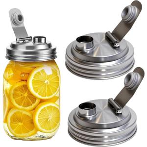 Mason Jar Wide Mouth Lid Stainless Steel Pour Spout Flip Cap,2 Pack Mason Jar Anticracking Pitcher Rust Leak Proof Seal Cover for Home Brewing Fruit Fermenting Drinks Salad (Wide Mouth)