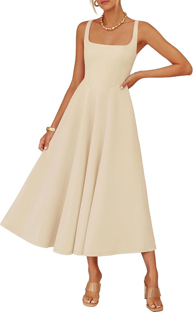 ZESICA Women's Summer Sleeveless Midi Dress 2026 Square Neck Wedding Guest Beach Casual Flowy Long Dresses with Pockets (Beige, L)
