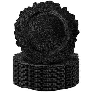 FANTEKE 50 Pack Round Black Charger Plates 12.6 Inch Plastic Black Reef Charger Plate Decor Round FloralCharger Plates for Wedding Party Dinner Event Birthday and Holiday Decoration