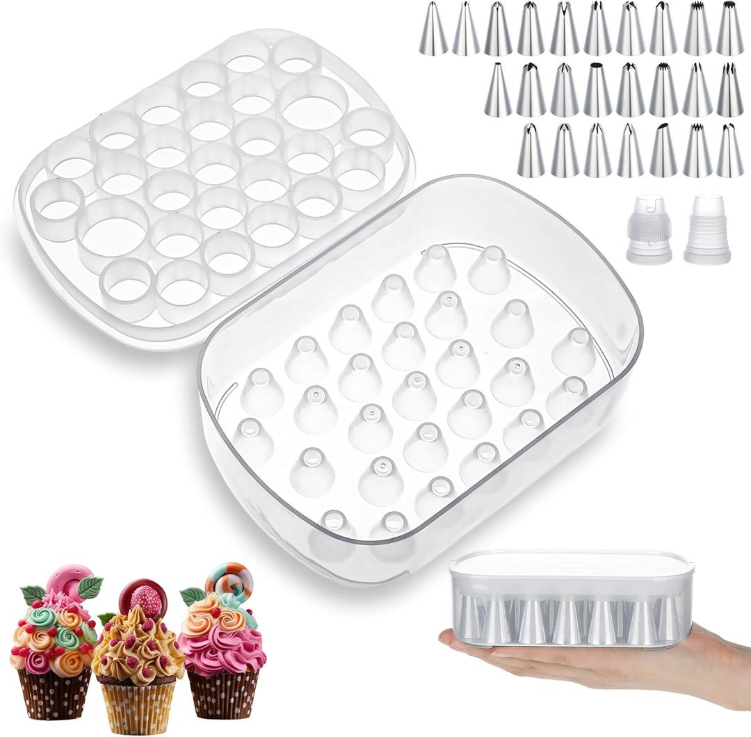 Piping Tip Organizers Box 27 Grids Storage Container Box with 25 Pcs Seamless Piping Tips 2 Adapters Baking Organizer Compartment for Stainless Steel Nozzles Tip Cake Decorating Tools Jewelry Beads