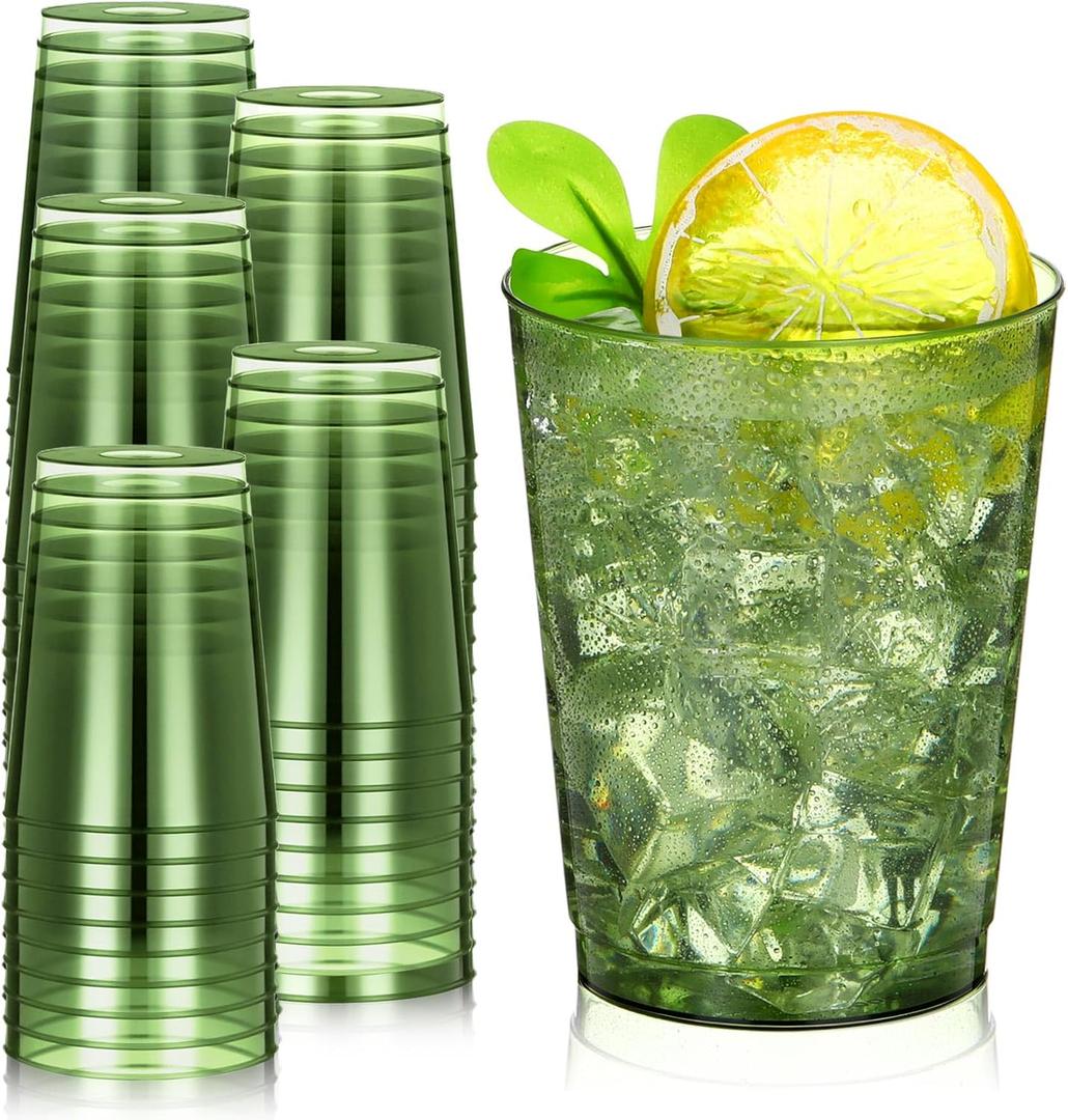 Minatee 100 Count Plastic Cups Disposable Fancy Cups Heavy Duty Wine Cocktail Glasses for Easter, Wedding, Graduation, and Birthday Party Plastic Drinking Tumblers(Olive Green,10 oz)