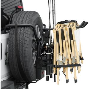 JOYTUTUS Fishing Rod Holder & Beach Chair Rack Fit 31.5- 32.5 Diameter & 8.5- 9.6 Width Spare Tire for Capacity 5-Rod Fishing Pole and 4 Chair, No Remove Tire for Wrangler Gladiator Bronco SUV