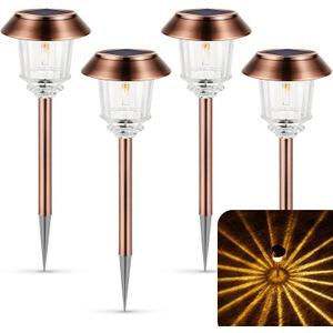 XMCOSY+ Solar Lights Outdoor Waterproof, Pack of 4 Solar Lights for Outside, 10-40 LM Dimmable LED Glass Outdoor Solar Lights for Yard Pathway Garden Lawn Driveway Walkway (Warm White) (Copper)