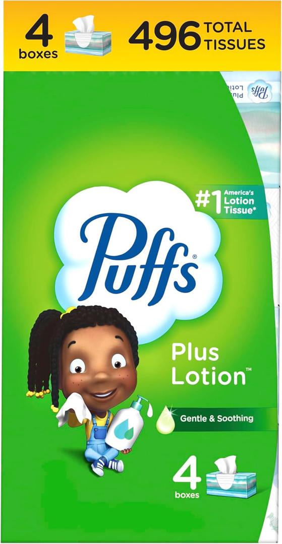 Puffs Plus Lotion Facial Tissues, 4 Family Boxes, 124 tissues per Box, Allergies and Colds